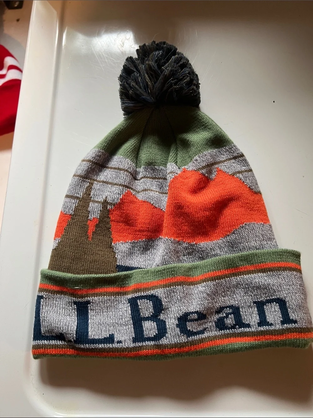 L.L. Bean Green Scenic Pom-Pom Adult Beanie with Multicolor Stripes
